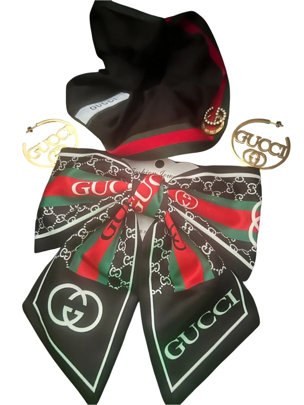 Black Red Green Signature Bow, Scrunchie & Gold Hoop Earrings
